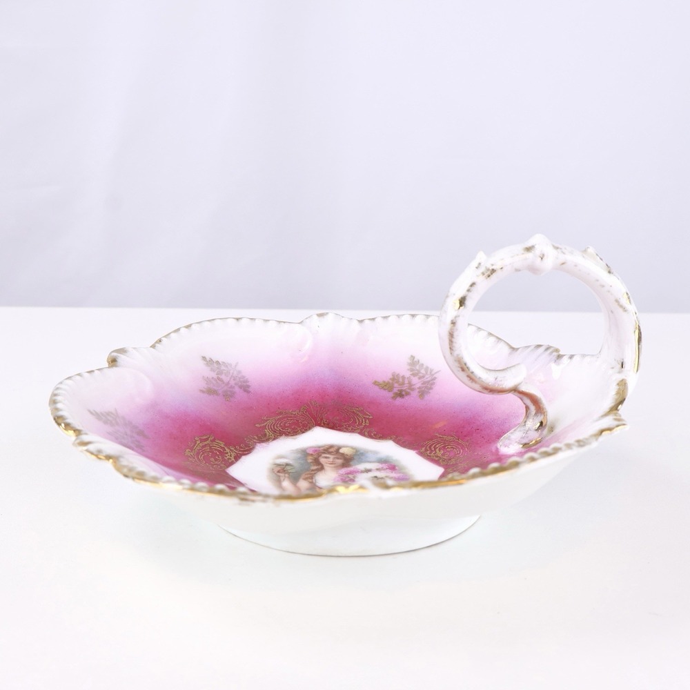 Antique Royal Bavaria Germany Portrait Handled Trinket Dish Pink Gold Gilt - Picture 2 of 6